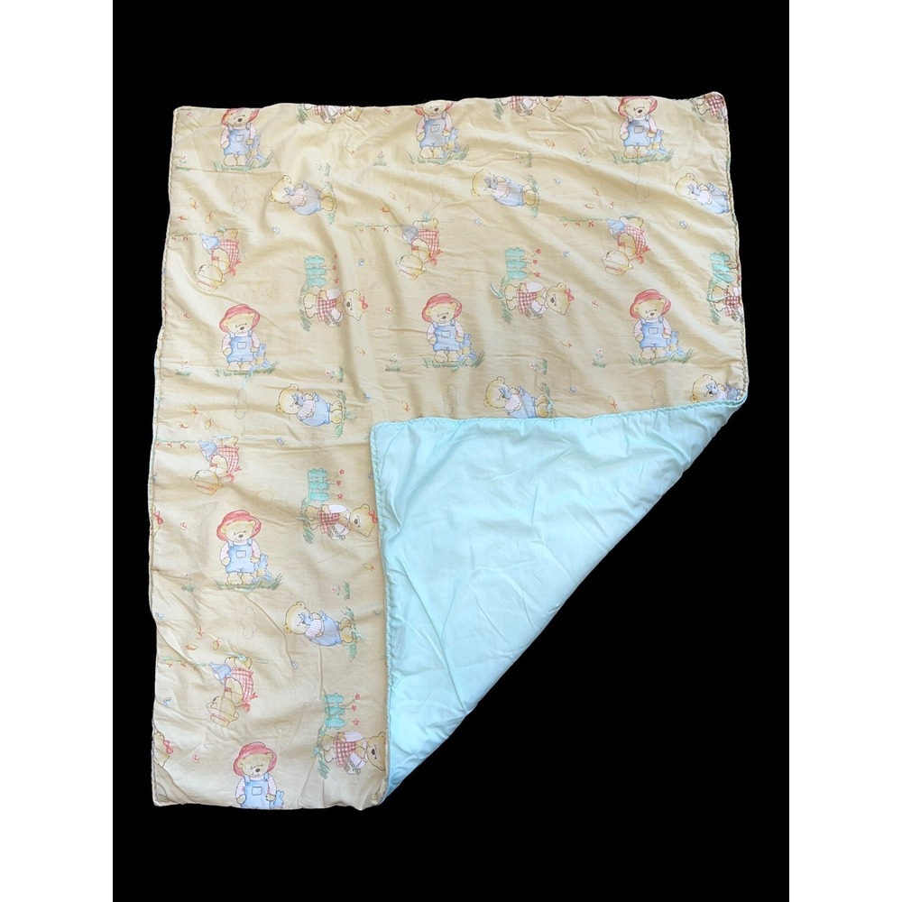 Vintage Baby Quilt Blanket Garden Bears Yellow Blue